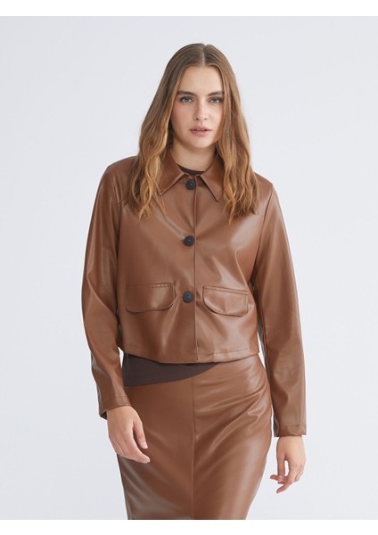 Yeni Sezon Gömlek Yaka Kadın Deri Görünümlü Ceket