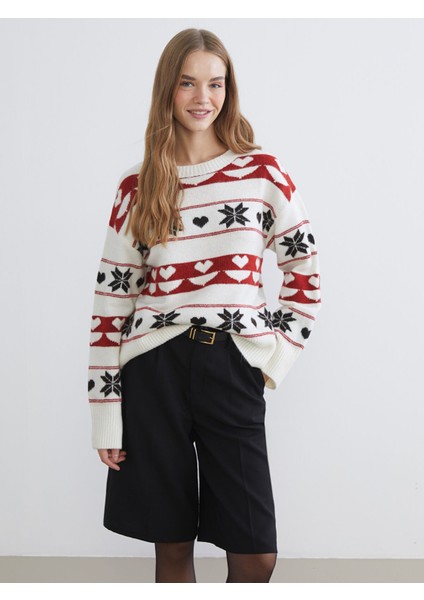 Yeni Sezon Bisiklet Yaka Desenli Kadın Triko Kazak