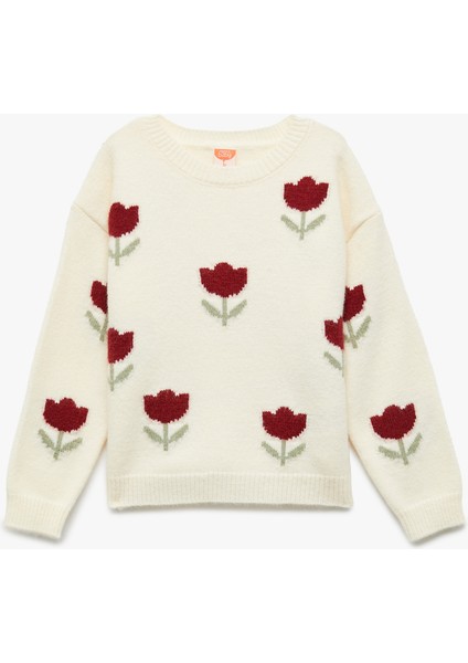 Uzun Kollu Bisiklet Yaka Çiçek Desenli Triko Kazak