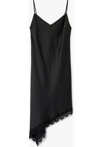 V Yaka Ip Askılı Dantel Detaylı Asimetrik Elbise