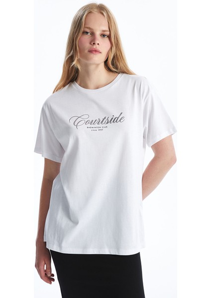 Yeni Sezon Bisiklet Yaka Baskılı Kısa Kollu Kadın Tişört