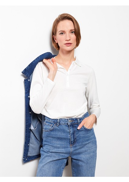 Yeni Sezon Polo Yaka Düz Uzun Kollu Pike Kadın Tişört