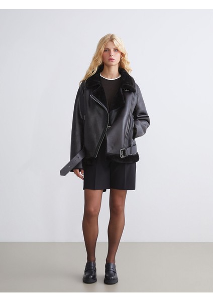 Yeni Sezon Pelüş Biker Yaka Kadın Deri Görünümlü Mont fiyatları