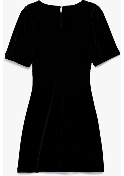 Kısa Kollu Bisiklet Yaka A Kesim Kadife Mini Elbise fiyatları