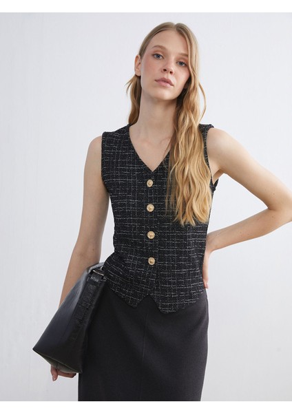 Yeni Sezon V Yaka Ekose Kadın Yelek