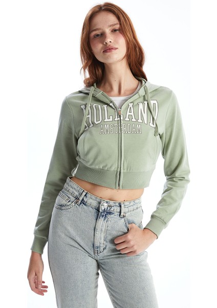 Yeni Sezon Kapüşonlu Baskılı Kadın Fermuarlı Sweatshirt