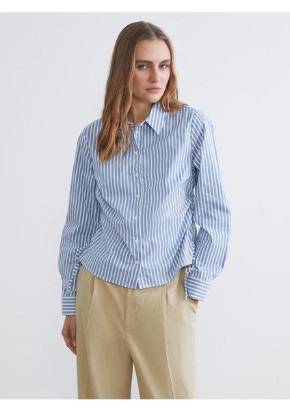 Yeni Sezon Çizgili Büzgülü Kadın Gömlek