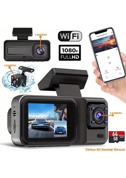 Üç Kameralı Ön Iç Arka Araç Içi Kamera Wifi Viidure App Mpıa CC38 64GB fiyatları