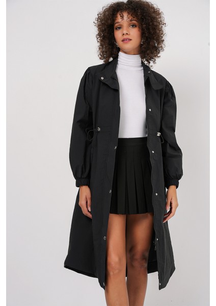 5939 Astarlı Uzun Trençkot - Siyah