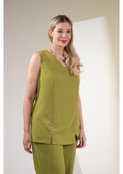 Kadın Büyük Beden V Yaka Düğmeli 2'li Takım Yeşil