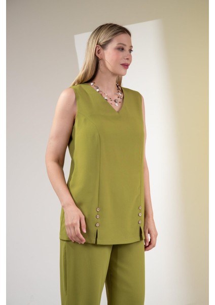 Kadın Büyük Beden V Yaka Düğmeli 2'li Takım Yeşil fiyatları