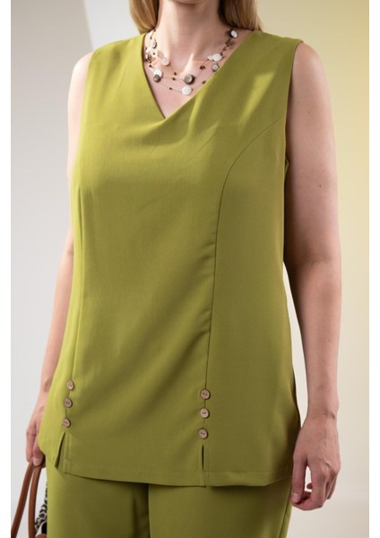 Kadın Büyük Beden V Yaka Düğmeli 2'li Takım Yeşil modelleri