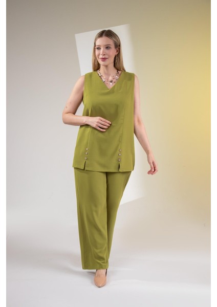 Kadın Büyük Beden V Yaka Düğmeli 2'li Takım Yeşil