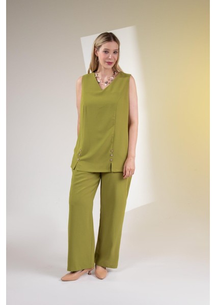 Kadın Büyük Beden V Yaka Düğmeli 2'li Takım Yeşil