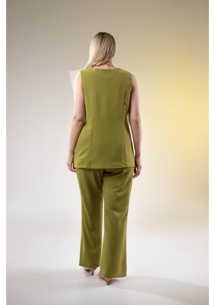 Kadın Büyük Beden V Yaka Düğmeli 2'li Takım Yeşil