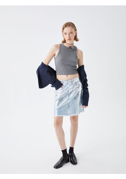 Yeni Sezon Standart Fit Parlak Görünümlü Kadın Jean Etek fiyatları