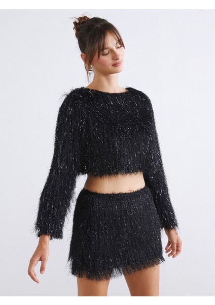 Yeni Sezon Bisiklet Yaka Crop Kadın Tüylü Triko Kazak