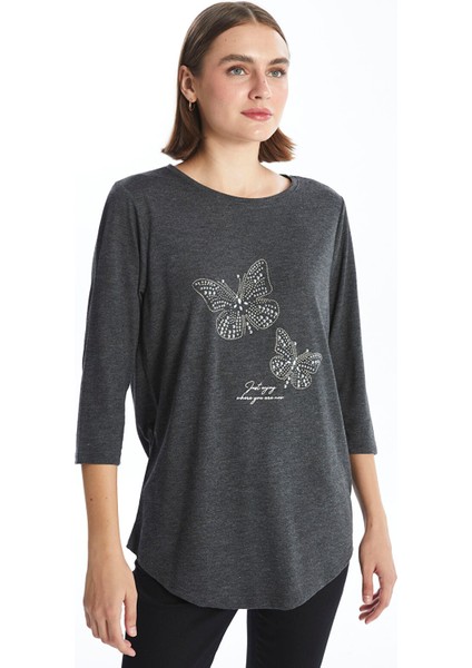 Yeni Sezon Bisiklet Yaka Parlak Taşlı Uzun Kollu Kadın Bluz