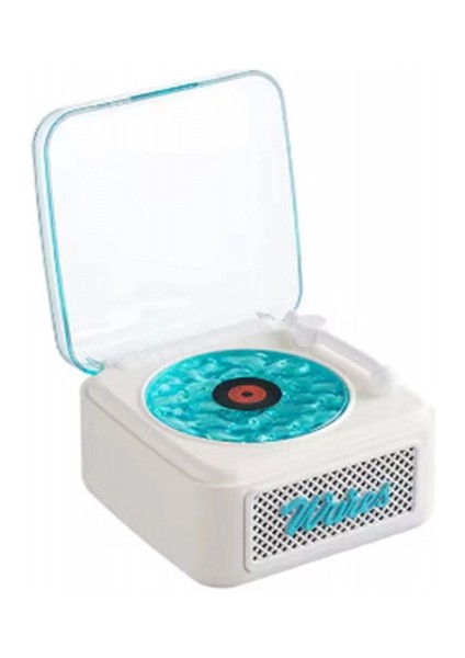 Nostalji Mini Plak Görünümlü Radyolu Bluetooth Hoparlör 3D Ses Dalgası Retro Müzik Plak Beyaz