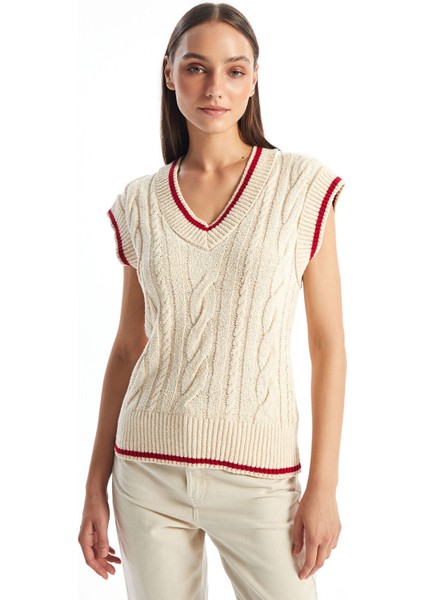 Yeni Sezon V Yaka Kendinden Desenli Kadın Triko Süveter