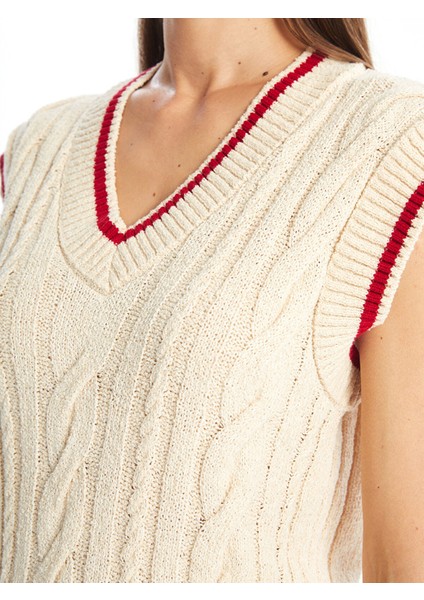 Yeni Sezon V Yaka Kendinden Desenli Kadın Triko Süveter modelleri