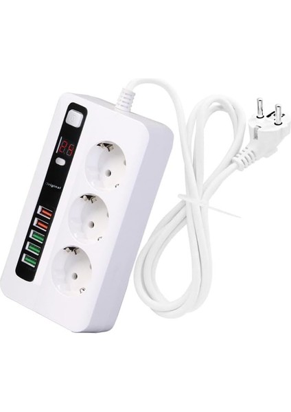 Üçlü Priz 5 USB Portlu Akıım Korumalı Yangına Dayanıklı 3000 W On/off Düğmeli 2 Metre Uzatma Kablolu 3'lü Priz