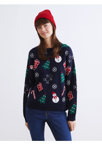 Yeni Sezon Bisiklet Yaka Yılbaşı Temalı Kadın Triko Kazak