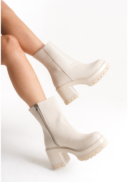 Deri Görünümlü Cilt Yandan Fermuarlı Yüksek Kalın Topuklu Kışlık Kadın Krem Kısa Bot Bootie modelleri