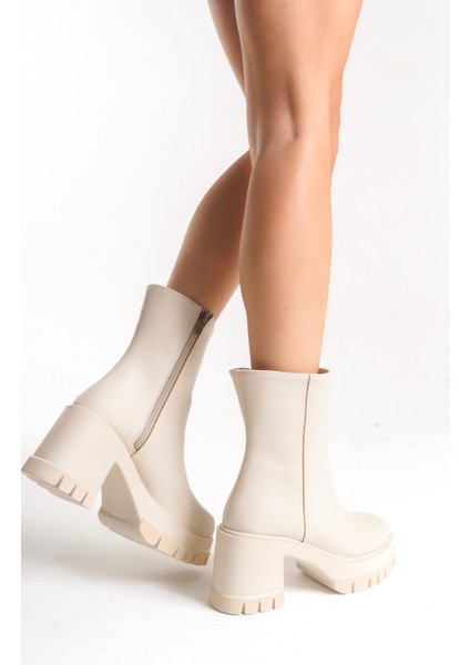 Deri Görünümlü Cilt Yandan Fermuarlı Yüksek Kalın Topuklu Kışlık Kadın Krem Kısa Bot Bootie indirimleri