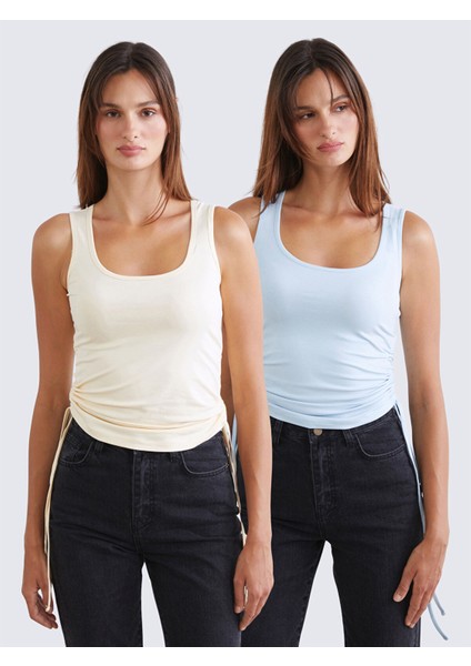 Yeni Sezon Kare Yaka Büzgülü Kadın Atlet 2'li