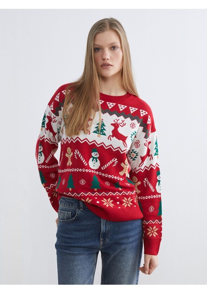 Yeni Sezon Bisiklet Yaka Yılbaşı Temalı Kadın Triko Kazak