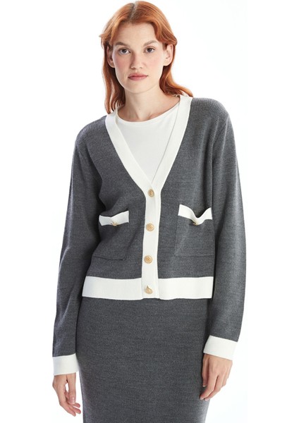 Yeni Sezon V Yaka Renk Bloklu Uzun Kollu Kadın Triko Hırka fiyatları