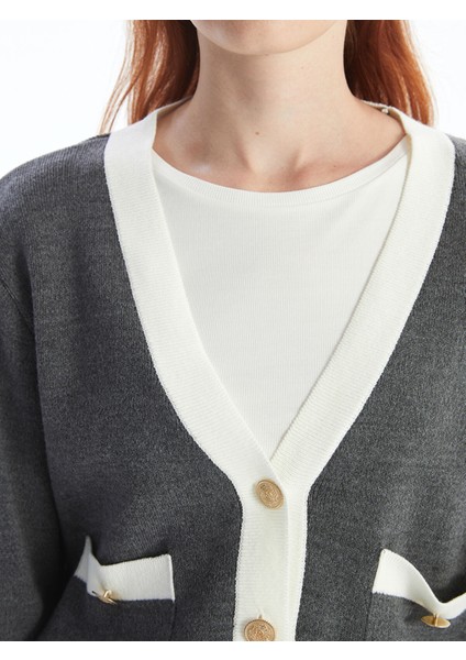 Yeni Sezon V Yaka Renk Bloklu Uzun Kollu Kadın Triko Hırka fırsatları