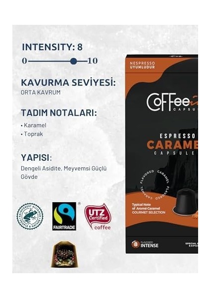 Coffeein Espresso Karamel 10 Kapsülden Oluşan Nespresso Uyumlu Kapsül Kahve (Nespresso UYUMLU)%100 Arabica Orta Kavrum Doğal Aroma