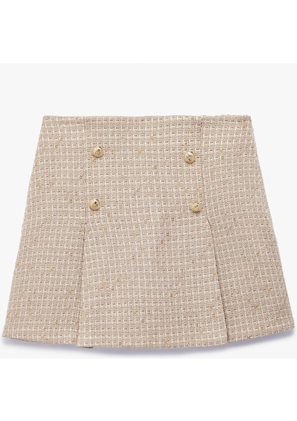 Kareli Düğme Detaylı A Kesim Mini Etek