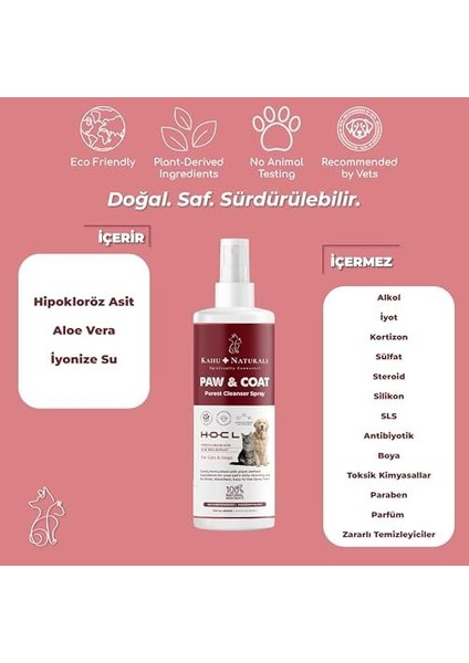 Kahu Naturals Paw&coat, Vücut ve Pati Temizleme SPREYI,%100 Doğal Günlük Temizlik ve Bakım, 250 ml modelleri
