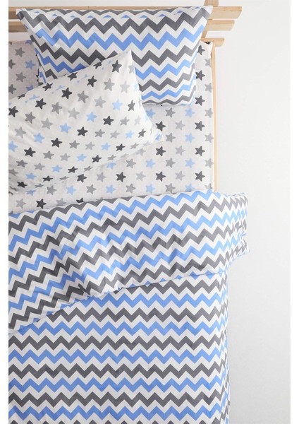 Zigzag Desenli Çarşaflı Pamuklu Tek Kişil Mavi