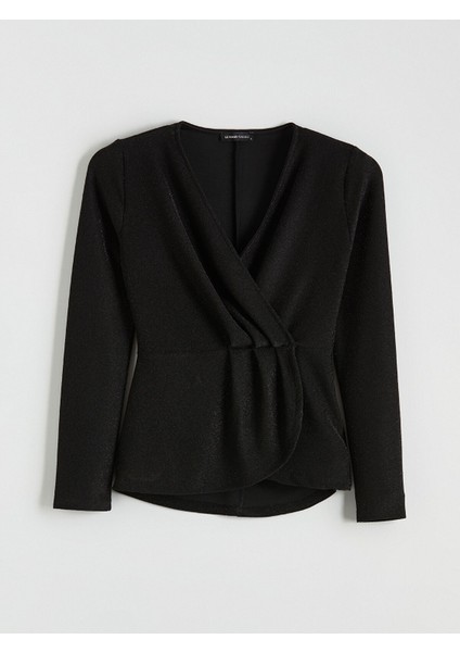 Yeni Sezon Kruvaze Yaka Parlak Görünümlü Büzgülü Bluz