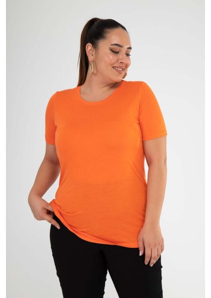 Kadın Büyük Beden V Yaka Basic Turuncu Bluz
