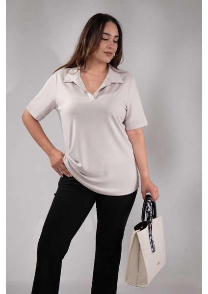 Kadın 1112038 Büyük Beden Gömlek Yaka Bej Bluz