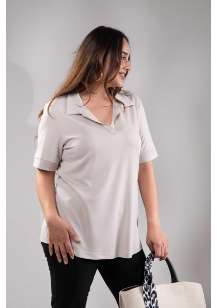 Kadın 1112038 Büyük Beden Gömlek Yaka Bej Bluz fiyatları