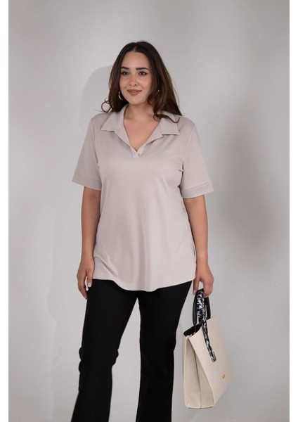 Kadın 1112038 Büyük Beden Gömlek Yaka Bej Bluz modelleri