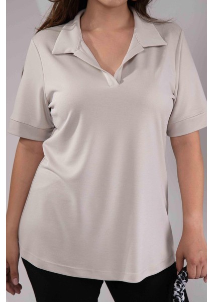 Kadın 1112038 Büyük Beden Gömlek Yaka Bej Bluz indirimleri
