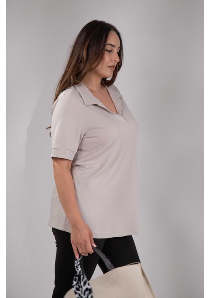 Kadın 1112038 Büyük Beden Gömlek Yaka Bej Bluz