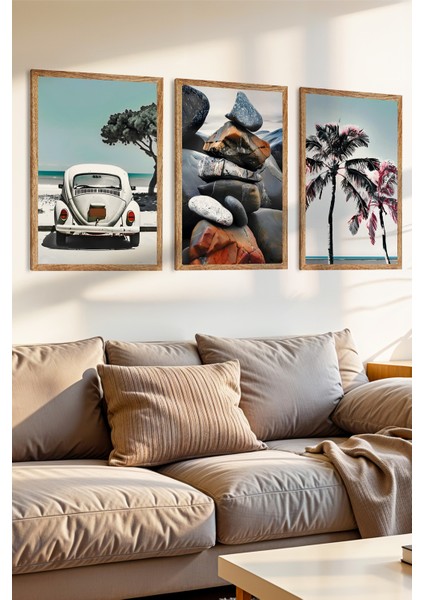 3 Parça Huzurlu Anlar Temalı Ahşap Çerçeve Görünümlü Mdf Tablo Seti