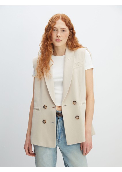Yeni Sezon Kruvaze Yaka Düz Keten Karışımlı Kadın Klasik Yelek