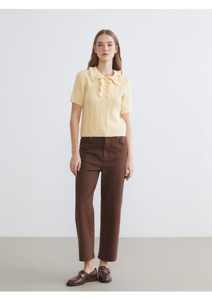 Yeni Sezon Polo Yaka Kendinden Desenli Kadın Triko Kazak fiyatları