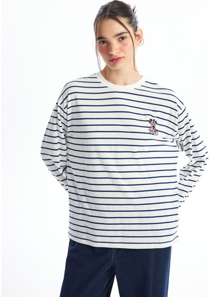 Yeni Sezon Bisiklet Yaka Mickey Mouse Nakışlı Uzun Kollu Kadın Tişört