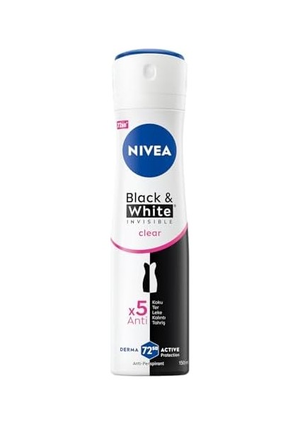 Nıvea Kadın Sprey Deodorant Black&white Invisible Clear 150 Ml,72 Saat Terleme ve Ter Kokusuna Karşı Anti Perspirant Koruma, Çiçek Kokusu,kıyafetlerde Leke Karşıtı, Alkol Içermez fiyatları