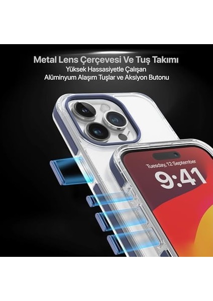 15 Pro Max Için Serisi Arkası Şeffaf Polikarbonat Kenarları Silikon Kamera Lens Çerçevesi ve Tuşları Metal Yüksek Kalite Şeffaf Silikon Kılıf (Mavi, Dropcover) fiyatları